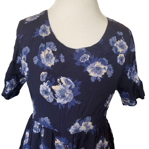 Vintage 90s Small‎ Blue Floral Babydoll Midi Dress Tieback Shortsleeve Button Up - Picture 2 of 10
